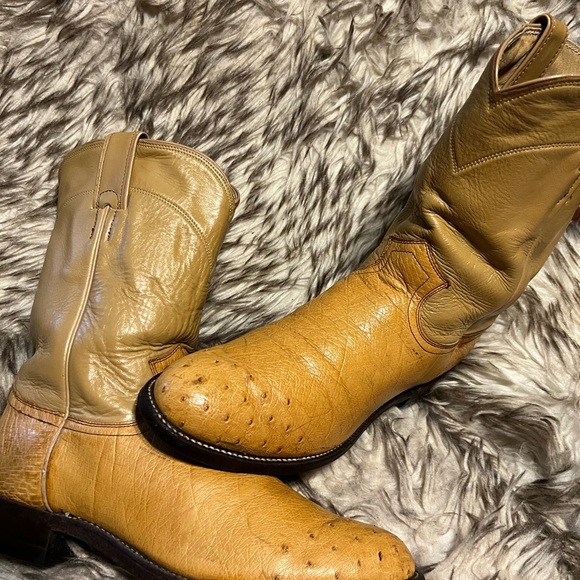Justin Boots Tan and Brown Ostrich & Leather Western Boots Carmel Honey Sz 8 D main image 9